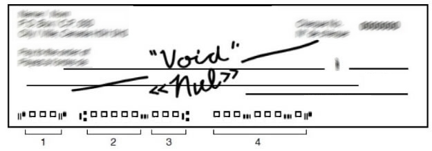 Un spécimen de chèque portant la mention « nul ». Quatre numéros inscrits au bas du chèque sont décrits sous l'image.