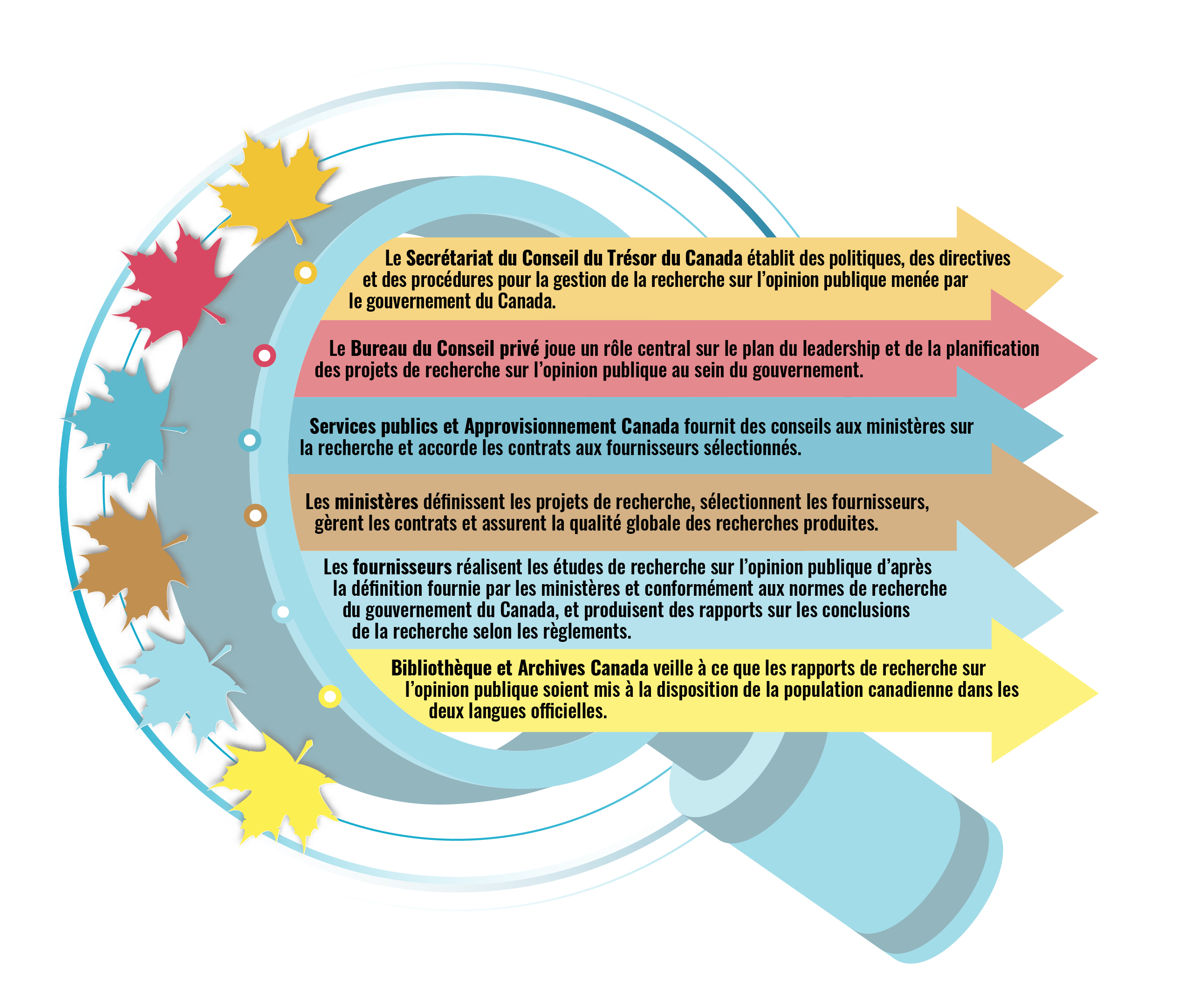 Cette image liste les intervenants et leurs rôles respectifs concernant les activités de recherche sur l'opinion publique au gouvernement du Canada - Description ci-dessous.